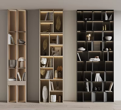 Modern Bookcases With Light And Dark Designs Illuminated Shelves Decorative Items And Storage 3d model