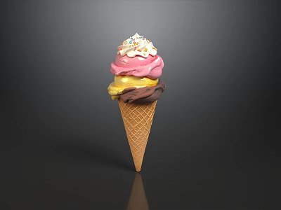 Colorful Ice Cream Cone With Multiple Flavors Whipped Cream And Sprinkles 3d model