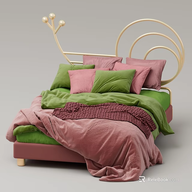 Stylish Bed With Golden Spiral Headboard Pink Green Velvet Bedding And Pillows 3d model 
