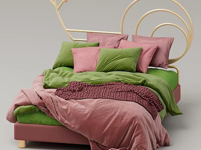 Stylish Bed With Golden Spiral Headboard Pink Green Velvet Bedding And Pillows 3d model