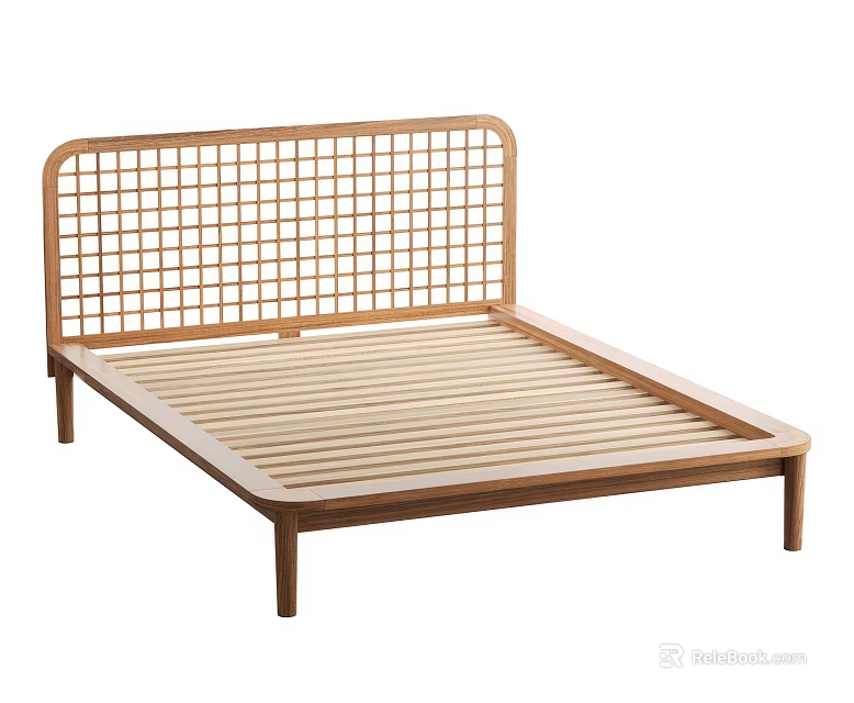 Minimalist Wooden Double Bed With Grid Headboard And Solid Wood Frame 3d model 