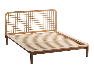 Minimalist Wooden Double Bed With Grid Headboard And Solid Wood Frame 3d model