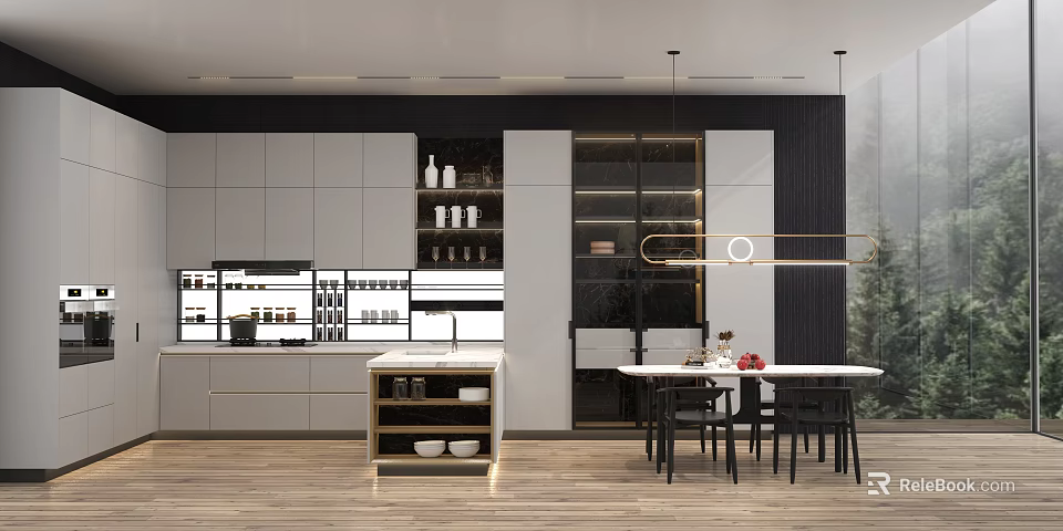 Modern Kitchen Interior With White Cabinets Island Black Dining Chairs Pendant Light And Wooden Floor 3d model 