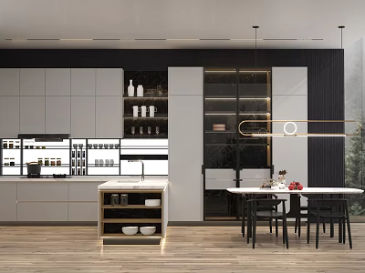Modern Kitchen Interior With White Cabinets Island Black Dining Chairs Pendant Light And Wooden Floor 3d model