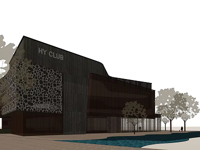 HY CLUB Modern Architectural Building With Textured Facade Pool And Trees 3d model
