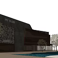 HY CLUB Modern Architectural Building With Textured Facade Pool And Trees