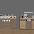 Wooden Kitchen Counter Setup With Rattan Doors Metal Containers Fruits And Coffee Machine