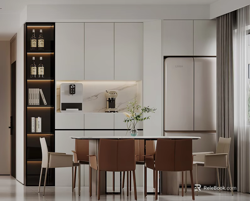 Modern Restaurant Interior With White Cabinets Marble Countertop Dining Table Chairs And Wine Rack 3d model 