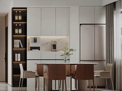 Modern Restaurant Interior With White Cabinets Marble Countertop Dining Table Chairs And Wine Rack 3d model
