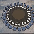 Round Dining Table Set With Blue Chairs And Arranged White Dinnerware 3d model