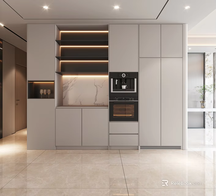 Modern Light Gray Sideboard With LED Lighting Marble Backsplash Coffee Machine And Oven 3d model