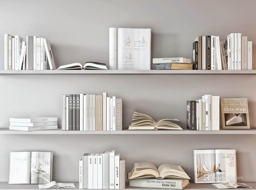 Stylish Multiple Shelves With Open Books Varied Magazines Different Sizes And Neat Arrangement 3d model 