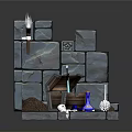 Stone Wall And Floor Corner Scene Featuring Treasure Chest Torch Broom Bones And Blue Bottle