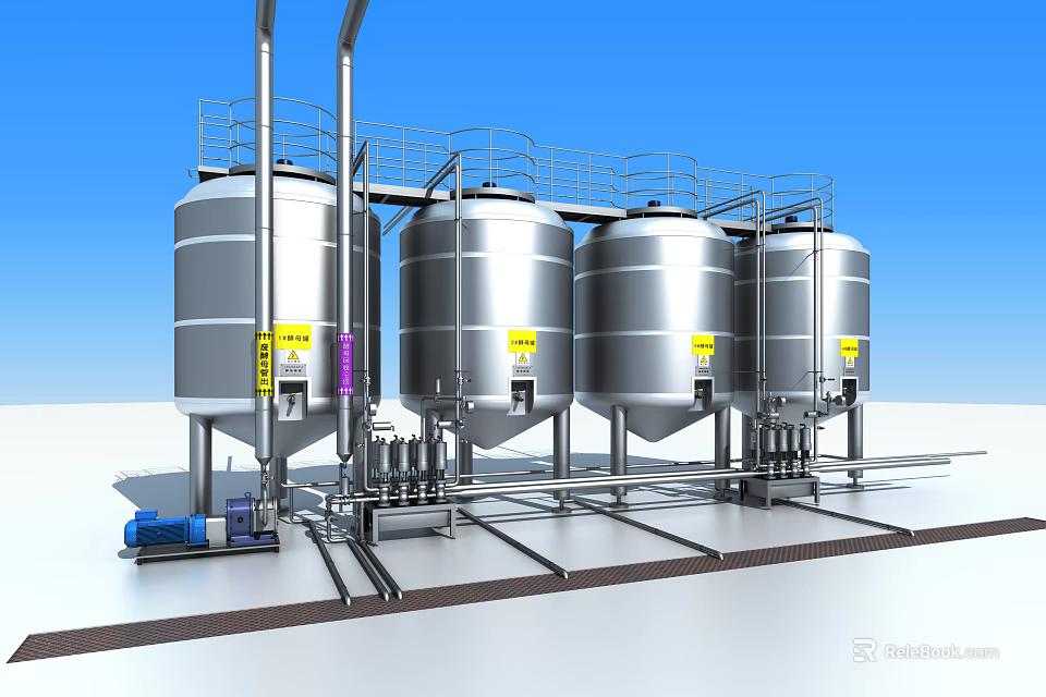 Industrial Equipment Featuring Four Large Stainless Steel Tanks with Pipes and Platform Structure 3d model 