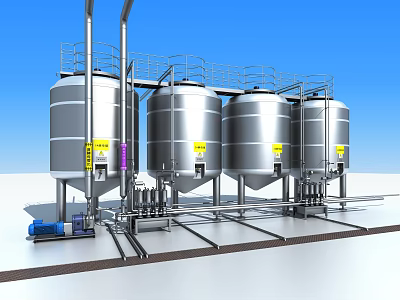 Industrial Equipment Featuring Four Large Stainless Steel Tanks with Pipes and Platform Structure 3d model