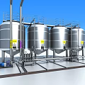 Industrial Equipment Featuring Four Large Stainless Steel Tanks with Pipes and Platform Structure
