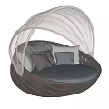 Round Double Bed With Mesh Canopy Light Blue Gray Purple Pillows And Dark Frame