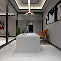 Modern Public Office Space With Desks Computers Sofa Seating Marble Flooring And Decorative Paintings