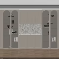 Modern Beige Display Cabinet With Arch Design Lit Shelves And Decorative Pattern Backdrop 3d model