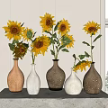 Textured Ceramic Vases With Bright Sunflowers On Concrete Surface By Window In Natural Light