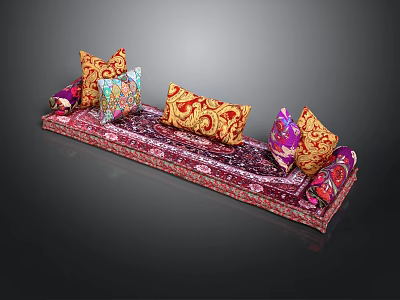 Traditional Style Long Cushion Bench With Vibrant Patterned Pillows For Home Decor 3d model