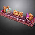 Traditional Style Long Cushion Bench With Vibrant Patterned Pillows For Home Decor 3d model