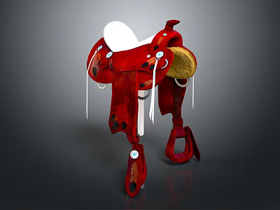 Red Equestrian Sports Saddle With White Seat Yellow Accents And Decorative Straps 3d model