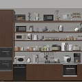 Organized Modern Kitchen Interior With Wooden Cabinets And Various Appliances On Shelves