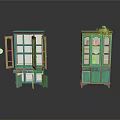 Green Glass Door Display Cabinets With Open And Closed Designs And Top Plant Decoration