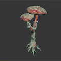 Colorful Cartoon Scene Featuring Fantasy Pink White Mushrooms With Spotted Caps And Root Like Stems