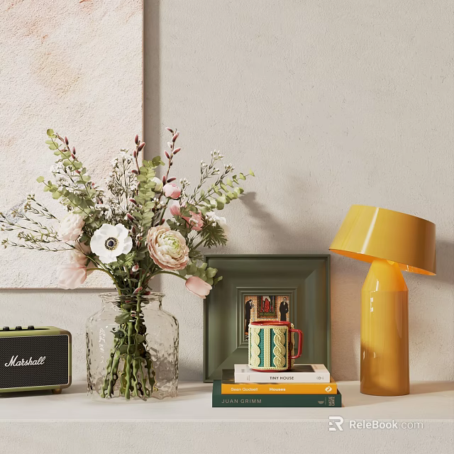 Home Decorative Ornament Set With Floral Bouquet Glass Vase Green Frame Books And Yellow Lamp 3d model 