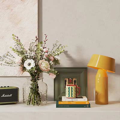 Home Decorative Ornament Set With Floral Bouquet Glass Vase Green Frame Books And Yellow Lamp 3d model
