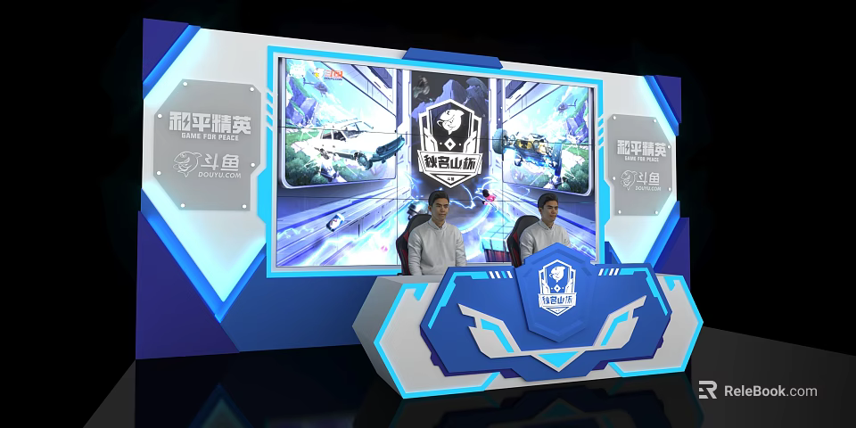 Modern Esports Reception Desk With Large Screen Game Displays And Two People 3d model 