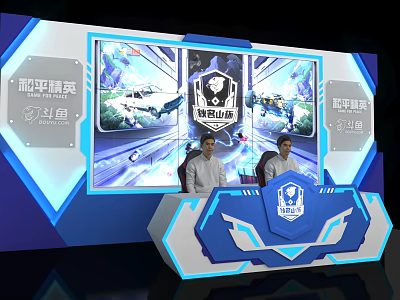 Modern Esports Reception Desk With Large Screen Game Displays And Two People 3d model