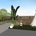 Serene Garden Landscape With Lush Green Plants Wooden Fence And Outdoor Chairs