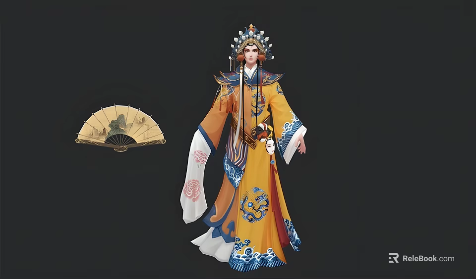 Man in Traditional Yellow Costume with Blue Dragon Patterns and Headdress Holding Fan 3d model 