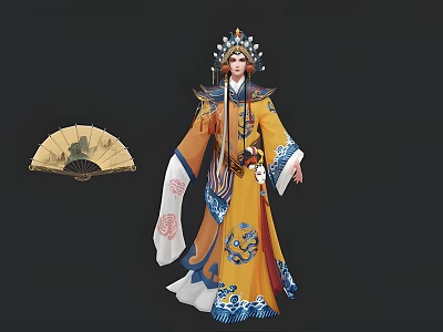 Man in Traditional Yellow Costume with Blue Dragon Patterns and Headdress Holding Fan 3d model