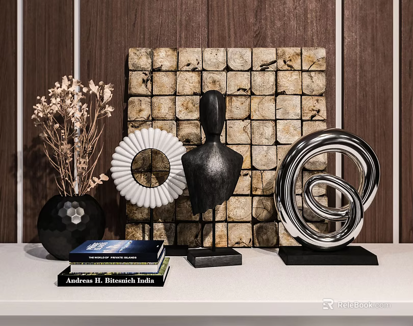 Modern Decorative Ornament Set With Vase Dried Flowers Circular Decor Mannequin And Spiral Sculpture 3d model 