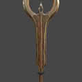 Golden and Red Glowing Weapon with Intricate Curved Metallic Decorative Patterns