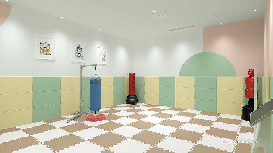 Bright Kids Activity Room With Colorful Wall Panels Checkered Floor Mats And Punching Bag 3d model 