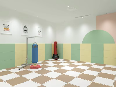 Bright Kids Activity Room With Colorful Wall Panels Checkered Floor Mats And Punching Bag 3d model
