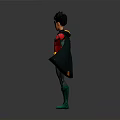 Superhero Character 3D Model With Red Green Costume Brown Cape Yellow Belt Standing Pose