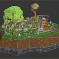 Cartoon Scenic Landscape with Green Trees Small Cottage Grass Fence and Stones