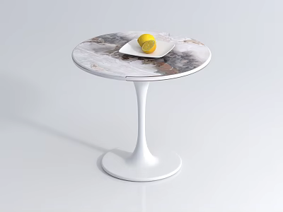 Round Coffee Table With Marble Top White Base And Yellow Lemon On White Plate 3d model