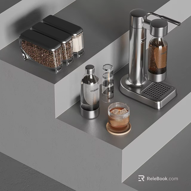 Modern Stainless Steel Kitchen Appliances Featuring Coffee Machine Storage Jars Coffee Beans And Glass Cup 3d model 