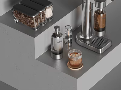 Modern Stainless Steel Kitchen Appliances Featuring Coffee Machine Storage Jars Coffee Beans And Glass Cup 3d model