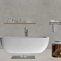 Minimalist Bathroom Interior Design With Freestanding White Bathtub Wooden Shelf And Towel Rack