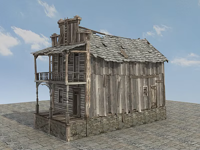 Old Western Style Two Story Wooden Building With Weathered Roof And Stone Base 3d model