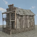 Old Western Style Two Story Wooden Building With Weathered Roof And Stone Base