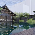 Rockery Stones in Traditional Garden Landscape with Pond Pavilion Trees and Sky Reflection